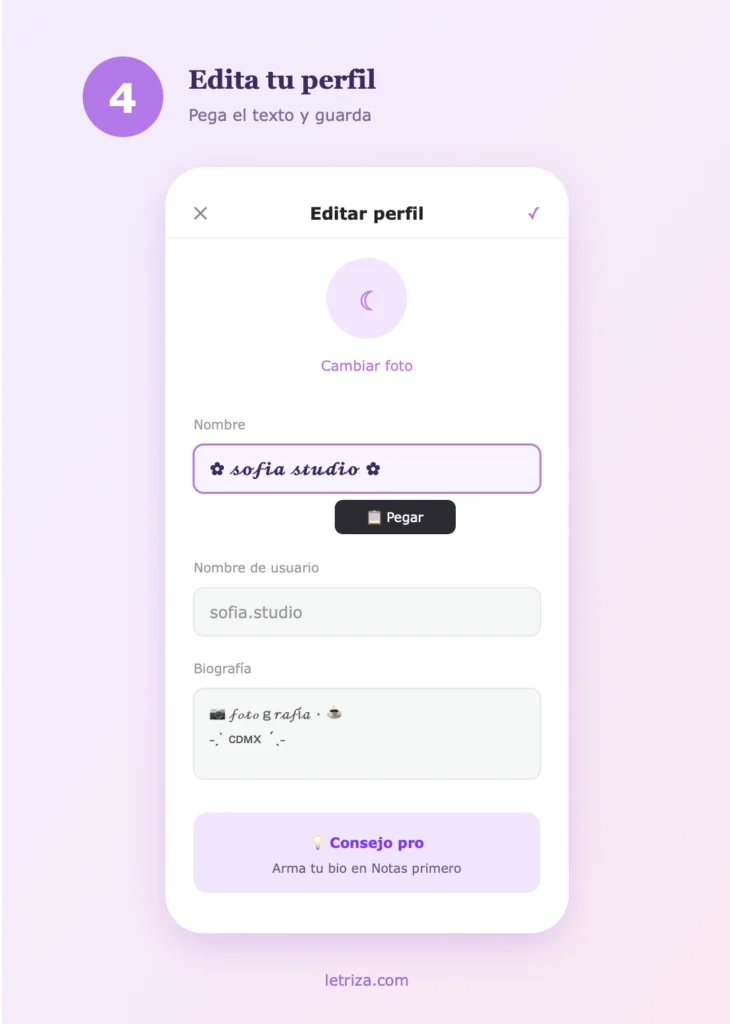 Letras para Instagram 1 Pantalla de editar perfil de Instagram pegando un nombre en letras estilizadas