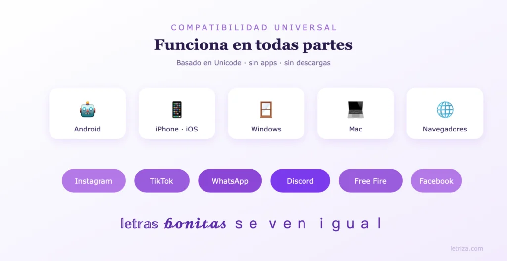 Generador de Letras Bonitas 6 Letras bonitas Unicode compatibles con Android, iPhone, Windows, Mac, Instagram, TikTok y WhatsApp
