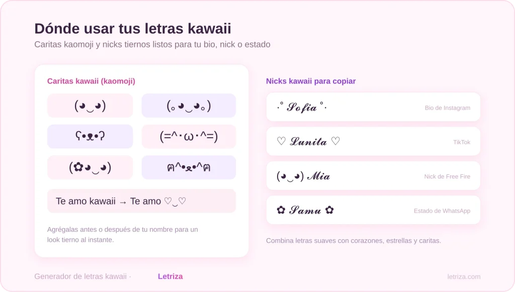 Letras Kawaii 2 Caritas kawaii o kaomoji y ejemplos de nicks kawaii con corazones y estrellas para Instagram y WhatsApp