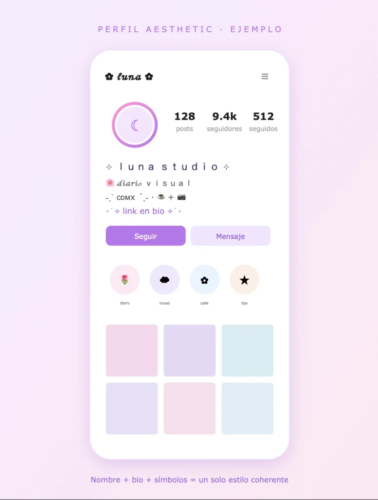 Letras Aesthetic 2 Ejemplo de perfil de Instagram con nombre y biografía en letras aesthetic