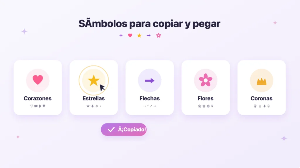 Categorías de símbolos para copiar y pegar: corazones, estrellas, flechas, flores y coronas